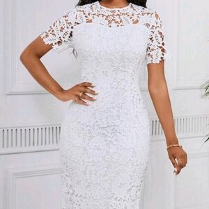 SHEIN White Lace Midi Dress with Short Sleeves
